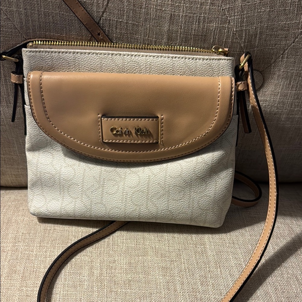 Calvin Klein Tan and Cream Crossbody Bag with Adjustable Strap